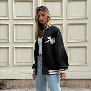 Adika Black/White AD Satin-Finish Varsity Jacket